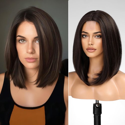 KOME Brown Short Bob Wigs,Brown mixed Straight Shoulder Length Wigs for Women,Middle Part Heat Resistant Fibre Synthetic Wig Daily Use…