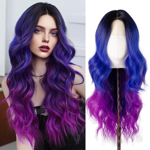 Le Opeia Blue Purple Long Wavy Curly Wigs for Women Like Human Hair Natural Wig 26 Inch Made with Premium Materials for Daily Party Cosplay (Dreamy Violet-blue)