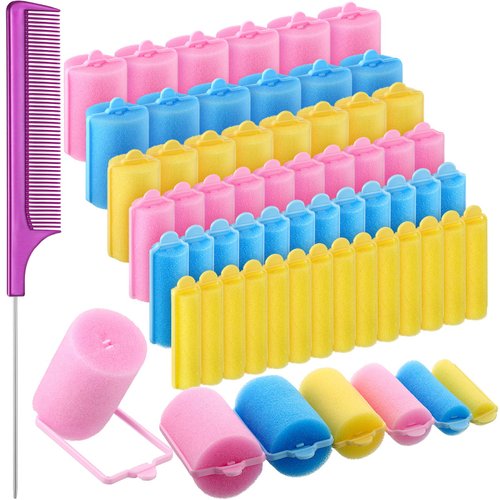 Syhood 56 Pcs Foam Sponge Hair Rollers Soft Sleeping Curler 6 Sizes Flexible Hairdressing Sponge Curler Rat Tail Comb for Hair Styling(Mixed Color)