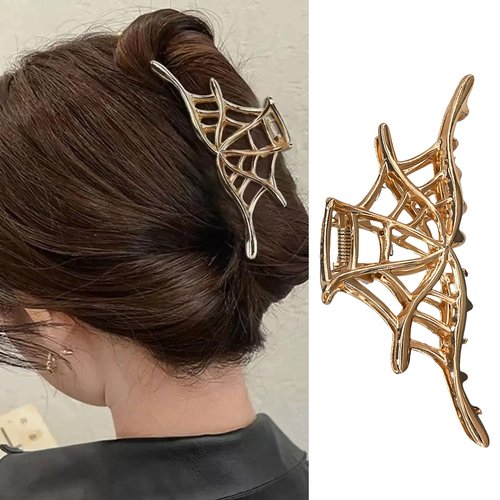 HAIMITI Y2K Gothic Halloween Hair Clips Spider Web Claw Clips Gold Hair Accessories For Women Girls Non-Slip Hair Clip For Styling Strong Hold Hair Claw Clips For Halloween Party Costume 1pcs