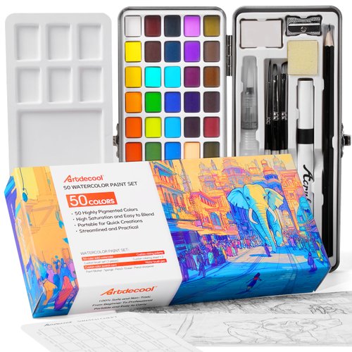 Artdecool 50 Colors Watercolor Paint Set for Professionals and Adult Beginners, Portable Drawing Art Supplies with Brushes and Palette, Art Water Colors Kit for Art creation and Family Activities