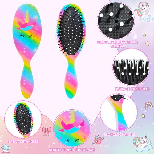 Girls Detangling Brush for Curly, Wet/Dry, Thick Hair - Pain-Free Brushing for Women (Rainbow Unicorn)