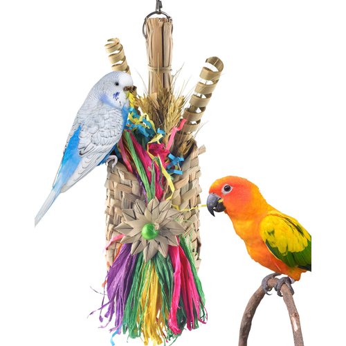 Bissap Bird Chew Toys, Parrot Foraging Shredder Natural Palm Frond Woven Bag Hanging Cage Toy with Chewing Treats for Conure Budgie Cockatiel Cockatoos and Similar Sized Pet Birds