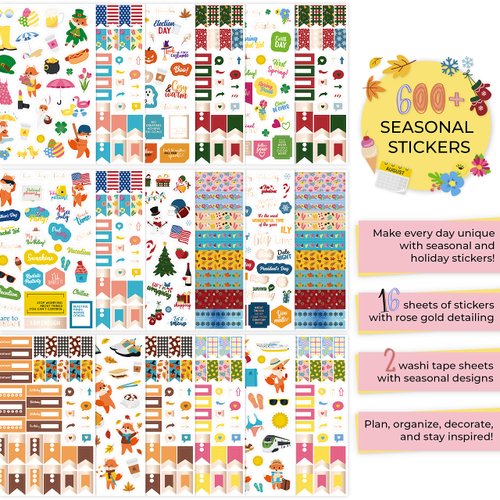 Clever Fox Seasonal Planner Stickers – 600+ Month, Holiday & Seasons Stickers for Your Planner, Monthly Journal & Calendar – 18 Sheets, Set of Stickers & Washi Tape by Clever Fox (Seasonal Pack)