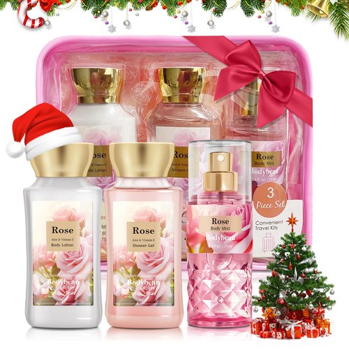 Bodybeau Bath and Body Gift Set for Women & Girls, Rose 3PCS Set for - Shower Gel, Body Lotion, Body Mist, Personal Portable Body Care Travel Set for Birthday Christmas New Year Gifts for Her
