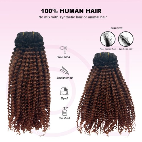 Curly Hair Extensions, OiMiGO Kinky Curly Clip in Extensions 3C 4A Ombre Black to Medium Auburn Human Hair Clip ins Extension for Black Women 120g 7 Pieces 18 Inch Curly Remy Hair Clip on Extensions