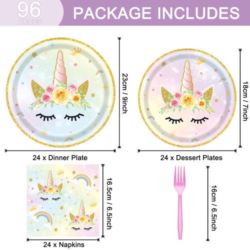 96 Pcs Birthday Plates and Napkins Party Supplies, Gold Horned Horse Disposable Forks Paper Dessert Tableware Decorations Table Dinnerware Favors Set, Serves 24