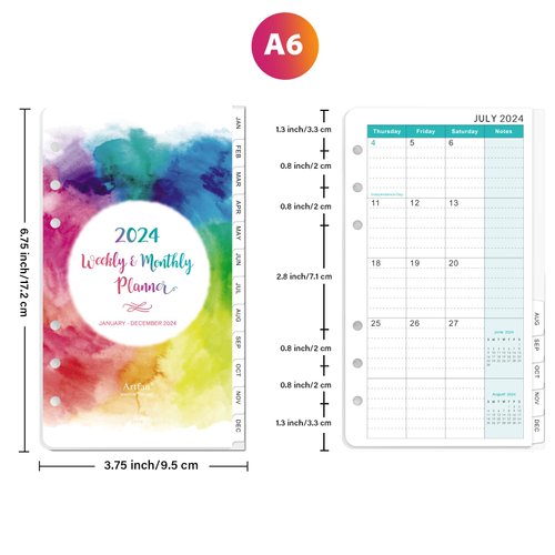 2024 Planner Refills - Planner Refills 2024, 2024 Weekly and Monthly Planner Refills, A6 Planner Inserts, 3.75 x 6.75 inch, 6 Holes, 2024 Planner Inserts from Jan.2024-Dec.2024, A6 Planner Refills -