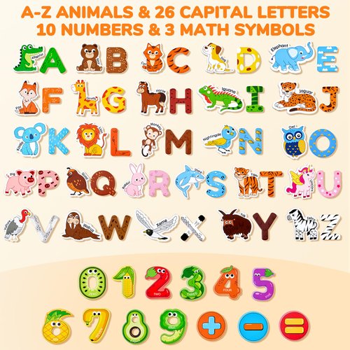 JoyCat Wooden Kids Magnets – 26 Cute Animals, Alphabet Uppercase Letters, and 0-9 Numbers, Fridge Magnets for Toddlers 1-3, Fun Educational Spelling Learning Gift for Toddlers & Kids