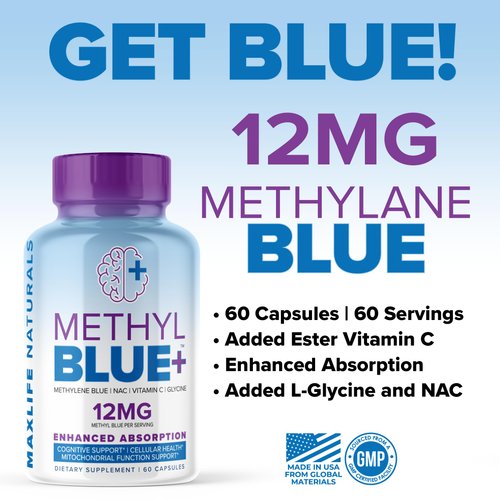 Pure Methylene Blue Capsules Pharmaceutical Grade 12mg - 60 Capsules, High-Purity Antioxidant Ultimate Methylene Blue Supplement Capsules with Vitamin C Ester, & NAC Glycine for Mental Clarity