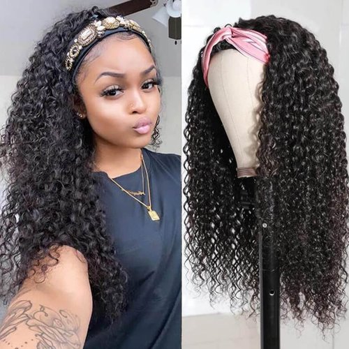 Taiill Kinky Curly Headband Wigs Human Hair Headband Wig for Black Women Brazilain Remy Human Hair Curly Headband Wig Glueless None Lace Front Wigs 150% Density Half Wig (24 inch, Curly Headband Wig)