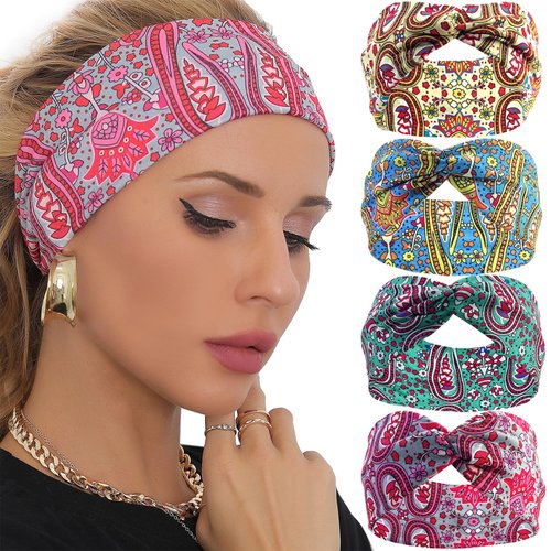 SAWINDA Boho Headbands for Women Short Colorful Hair Bands Twisted Knot Accessories Stretchy Head Bandanas Yoga Workout Running Elastic Sweat Hair Wraps Accessories Styling Decoration (Pack of 4)