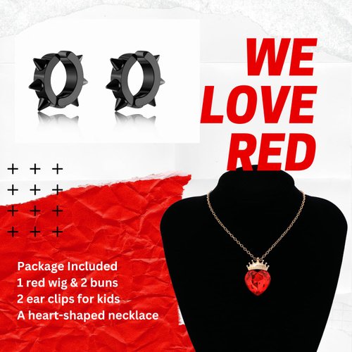 AMZCOS Kids Red Costume Wig with Buns and Red Necklace Earrings Long Red Wavy Hair Wigs for Girls Halloween Cosplay (Kids)