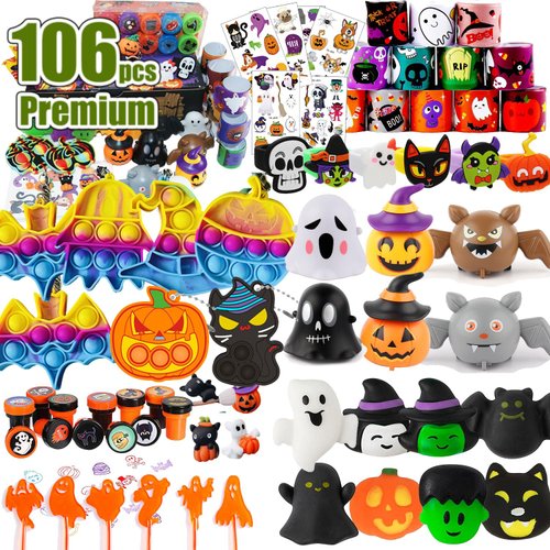 MSOOIIO Premium Halloween Party Favors Toys for kids,58PCS Cute Halloween Themed Toys, Assortment Kids Trick or Treat Party Favors Supplies,Treat Bag Stuffers Goody Bag Filler Halloween Treats Prizes