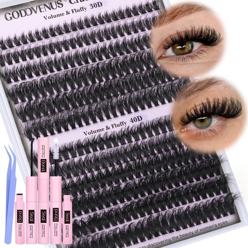 Goddvenus Lash Clusters Kit Volume 30D 40D Clusters Eyelashes Lash Extension Kit DIY Cluster Eyelash Extensions Kit D Curl Individual Lashes Kit 288pcs Wispy Lashes Clusters Lash Bond and Seal
