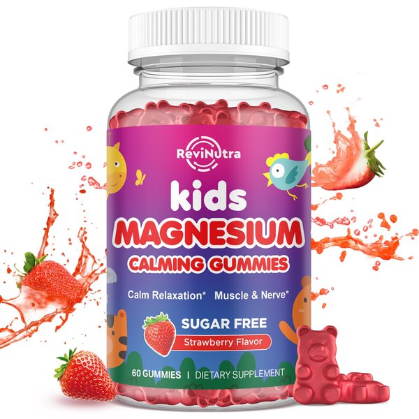 Magnesium Gummies for Kids - Magnesium Glycinate Gummies with L-Theanine, Chamomile, Licorice, Vitamin B6, D for Kids & Adults Sleep, Stress, Muscle Relief & Nerve Bone - Sugar Free Strawberry 60ct