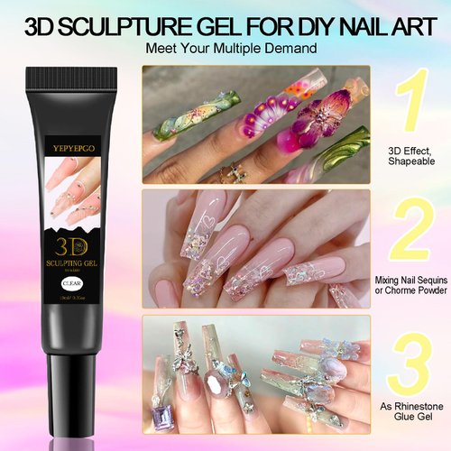 YEPYEPGO 3D Sculpting Gel for Nail Art Design Nail Rhinestone Glue No Wipe Clear Molding Gel for Carving, Drawing, Sculpture and Decoration Manicure, 2pcs