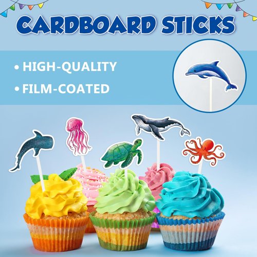 WERNNSAI 32 Pcs Ocean Cupcake Toppers - Ocean Theme Under the Sea Birthday Party Decorations for Boys Kids Ocean Animals Fish Cake Toppers Dolphin Cake Decor Picks Baby Shower Birthday Party Supplies