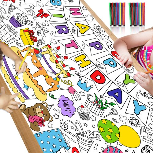 HOWAF Happy Birthday Coloring Poster with 24 pcs (12 Colors) Paint Pens - 33 x 47 Inches Jumbo Paper Coloring Banner or Tablecloth for Classroom Home Party Supplies