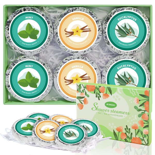 Bumodel Shower Steamers Aromatherapy 6Pack Organic Shower Bath Bombs for Women Mom and men Shower Tablets with Natural Essential Oils for Home SPA Self Care Relaxation Gift for Christmas Day,Green Box