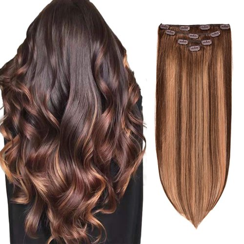 GEELOOK Clip in Hair Extensions Real Human Hair 20 Inch Chocolate Brown mixed Caramel Blonde #4/27/4 Double Weft 100% Remy Human Hair Thick Long Soft Silky Straight 4pcs for Women 70grams