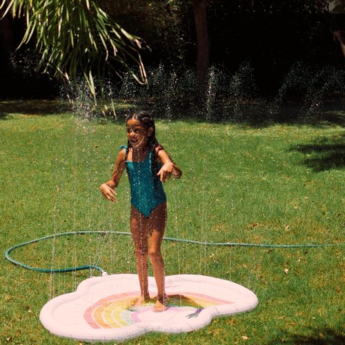 Rae Dunn x CocoNut Float Rainbow Cloud Splash Pad - Hello Summer Theme - Durable Long-Lasting Water Toy - Safe & Fun Backyard Sprinkler Ideal for Summer Parties & Swim Events