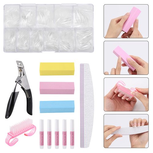 513Pcs Acrylic Nail Kit - 500Pcs Almond Clear Nail Tips with 5Pcs Nail Glues, 3Pcs Sponge Nail Files, 3Pcs 100/180 Grit Nail Files, Nail Clippers, Dust Brush