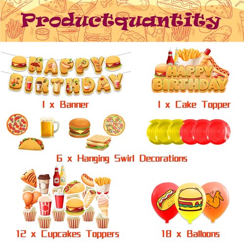 Fast Food Party Decorations French Fries Pizza Hamburger Fried Chicken Hot Dog Party Supplies Includes Birthday Banner Cake Cupcake Toppers Spirals Balloons for Fast Food Birthday Decorations