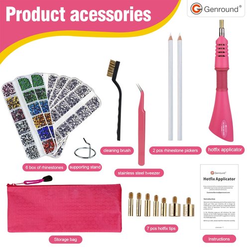 Hotfix Applicator, Genround Bedazzler Kit with Rhinestones Iron-on Hotfix Applicator Tool Wand Tool Set with 6 Boxes of Gems Round Crystal Rhinestones/Storage Box/Tweezer/Gems Picking Pen for Clothes