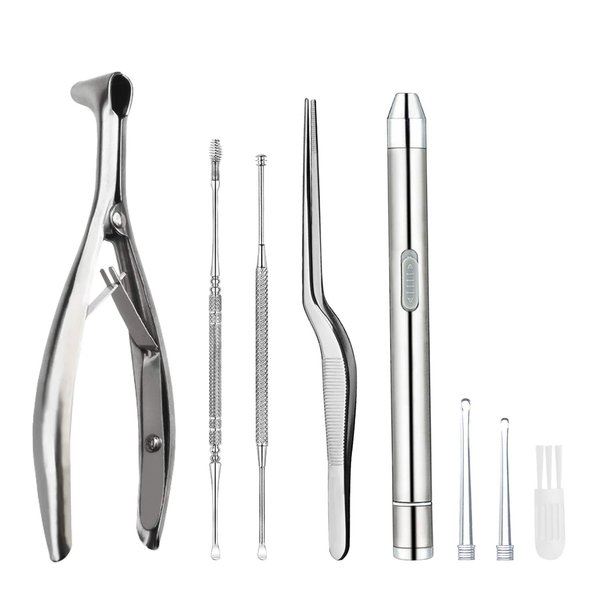Earwax Removal Kit 5 Pcs, Ear Wax Cleaning Tool Set, Ear Pick with LED Light USB Charging, Stainless Steel Ear Curette, Earwax Tweezer, Ear Canal Dilator, Ear Wax Remover Tool with Storage Box