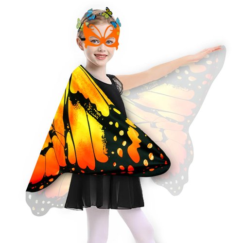 Kids Butterfly Wings Costume Girls Fairy-Wings Toddler Dress Up Play Costumes Butterfly Hair Clip Mask Party Favors (Orange Sets)