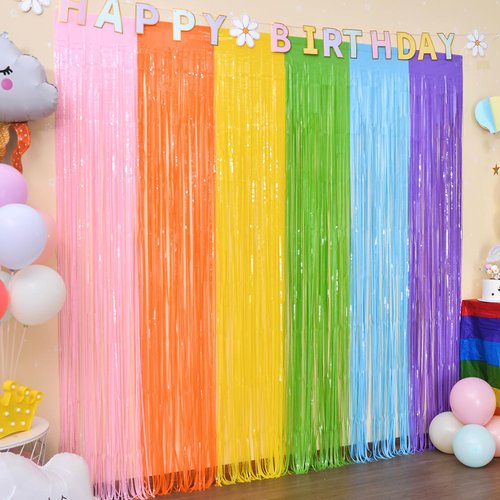 LOLStar Candyland Party Decorations, 2 Pack 3.3x6.6ft Pastel Rainbow Foil Fringe Curtains, Tinsel Curtains Photo Booth Prop Streamer Pastel Backdrop for Cocomelon Home Decor Easter Bunny Decorations