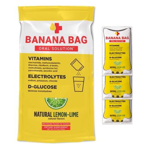 Banana Bag Oral Solution - Pharmacist Hydration Recovery Formula - Electrolyte & Vitamin Powder Packet Drink Mix - Natural Lemon Lime - 30 Pack Pouch