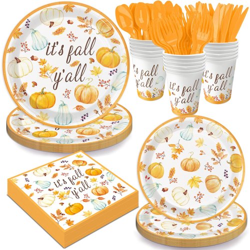 Oigco 168 PCS Fall Party Plates and Napkins Party Supplies Autumn Farm Tableware for Pumpkin Fall Decorations Fall Disposable Dinnerware Set Including Plates, Cups, Napkins, and Cutlery, Serves 24