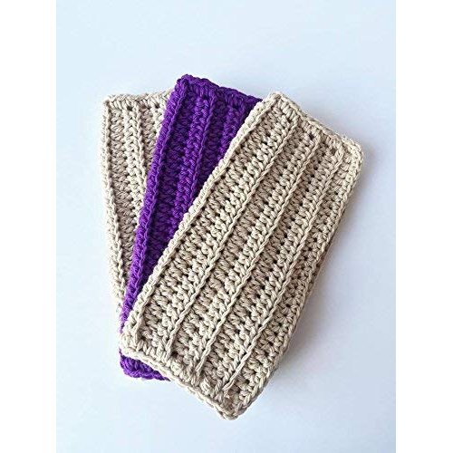 Handmade Crochet Washcloths, Dish Towels, Dish cloths, Baby wipes, Baby washcloths, Spa Cloths, 100% cotton wash cloth, Beige, Purple and Beige Cotton Wash Cloths set of 3