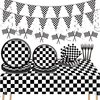 123 Pcs Black and White Checkered Racing Party Decorations Car Party Tableware Set Race Themed Party Plates Banner Tablecloth Car Sports Napkins Forks Hanging Swirls Checkered Birthday Party Supplies