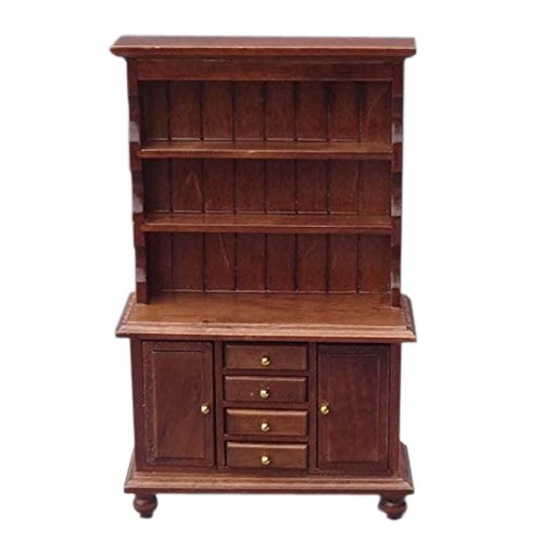 1:12 Scale Miniature Cupboard Bookshelf Classic Wooden Mini Storage Hutch Kitchen Dollhouse Bookshelf Wood Cabinet 1:12 Furniture Display Showcase Decoration Sideboard Accessories (Walnut Color)