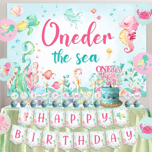 Oneder the Sea 1st Birthday Girl Decorations, Under the Sea Ocean Animal Birthday Party Supplies, Oneder the Sea Backdrop Happy Birthday Banner High Chair Banner Cupcake Cake Topper Printed Balloons