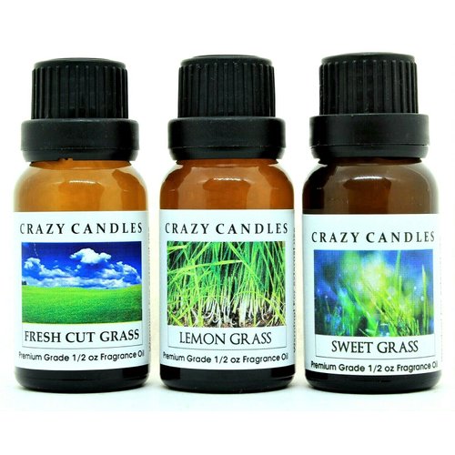 Crazy Candles 3 Bottles Set, 1 Fresh Cut Grass, 1 Lemon Grass, 1 Sweet Grass 1/2 Fl Oz Each (15ml) Premium Grade Scented Fragrance Oils