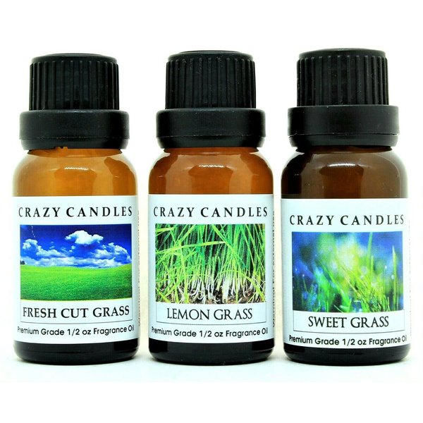 Crazy Candles 3 Bottles Set, 1 Fresh Cut Grass, 1 Lemon Grass, 1 Sweet Grass 1/2 Fl Oz Each (15ml) Premium Grade Scented Fragrance Oils