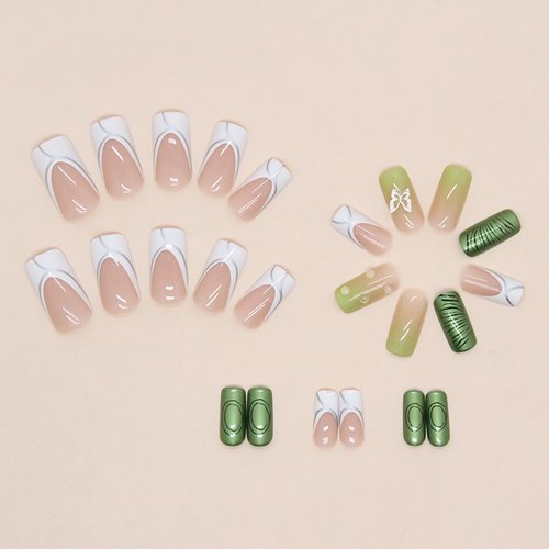 BABALAL Square Press on Nails Medium Fake Nails Green Glue on Nails 3D Butterfly Rhinestone Acrylic Nails 24Pcs French Squoval False Nails for Women and Girls