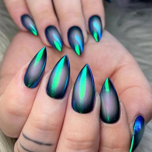 24Pcs Cat Eye Press on Nails with Wrap the Edge Design, Cat Eye Manicure Art Acrylic Medium Almond Full Cover Fake Nails Stick on Nails Glossy Green Cat Eye False Nails Gel Glue on Nails for Women