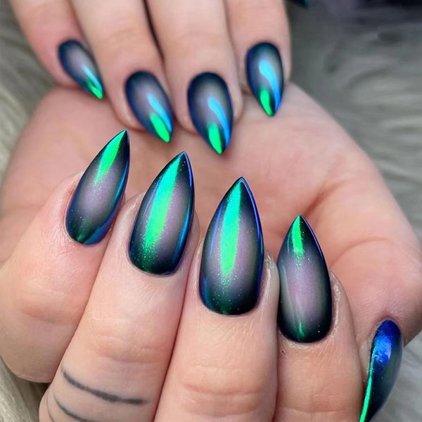 24Pcs Cat Eye Press on Nails with Wrap the Edge Design, Cat Eye Manicure Art Acrylic Medium Almond Full Cover Fake Nails Stick on Nails Glossy Green Cat Eye False Nails Gel Glue on Nails for Women