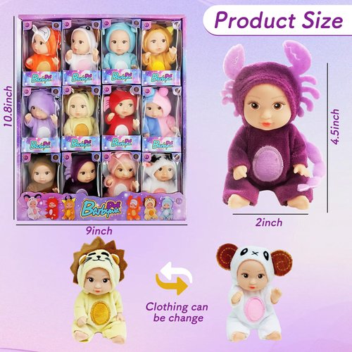 12 Pcs Mini Baby Dolls, 4.5 inch Cute Baby Dolls Toys with Animal Clothes 12 Constellations Series Tiny Reborn Babies for Girls Boys, Cute Doll Gifts for Kids Birthday Christmas