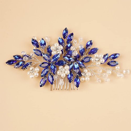 BERYUAN Wedding Pearls Crystal Rhinestone Hair Comb Pearls Crystal Flowers Bride Headpiece Crystal Pearls Wedding Hair Accessories Handmade Wedding Hairband for Wedding Women and Girls (blue)