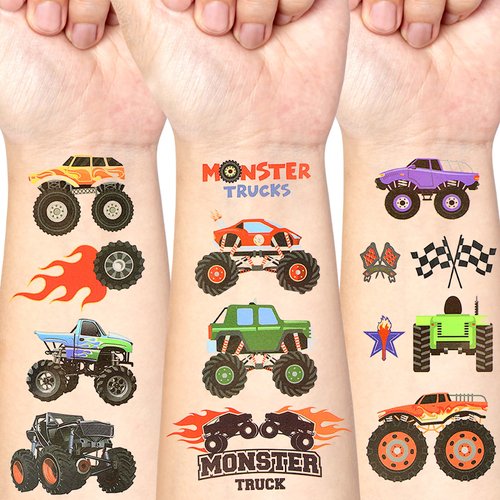10 Sheets Monster Trucks Temporary Tattoos for Kids Boys, Monster Truck Fake Tattoos, Monster Truck Tattoo Stickers for Party Supplies Decorations