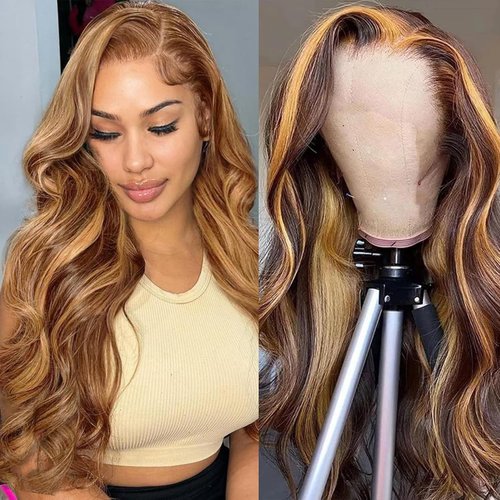 4/27 Highlight Lace Front Wigs Human Hair Pre Plucked 13x6 HD Transparent Body Wave Lace Frontal Wigs Human Hair 180% Density Glueless Human Hair Wigs for Black Women (20 inch)