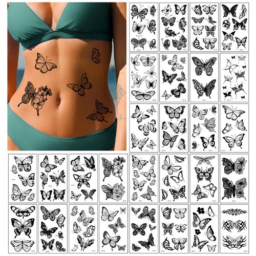 TORMEN 30 Sheets Temporary Tattoos, Butterfly Style Temporary Tattoos– Waterproof, Realistic & Long-Lasting Fake Tattoos for Kids, Adults, Parties & Festivals (Butterfly Style-B)