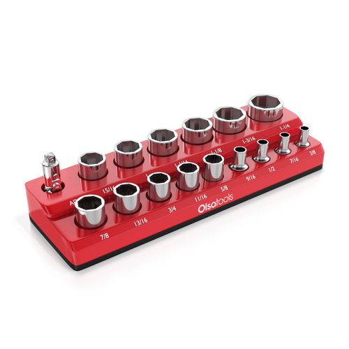 Olsa Tools Magnetic Socket Organizer | 1/2-inch Drive | SAE | RED | Holds 16 Sockets | Professional Quality Tools Organizer