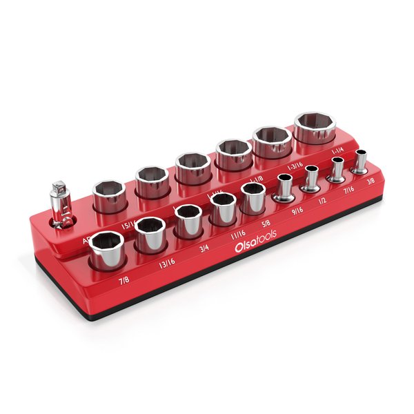 Olsa Tools Magnetic Socket Organizer | 1/2-inch Drive | SAE | RED | Holds 16 Sockets | Professional Quality Tools Organizer